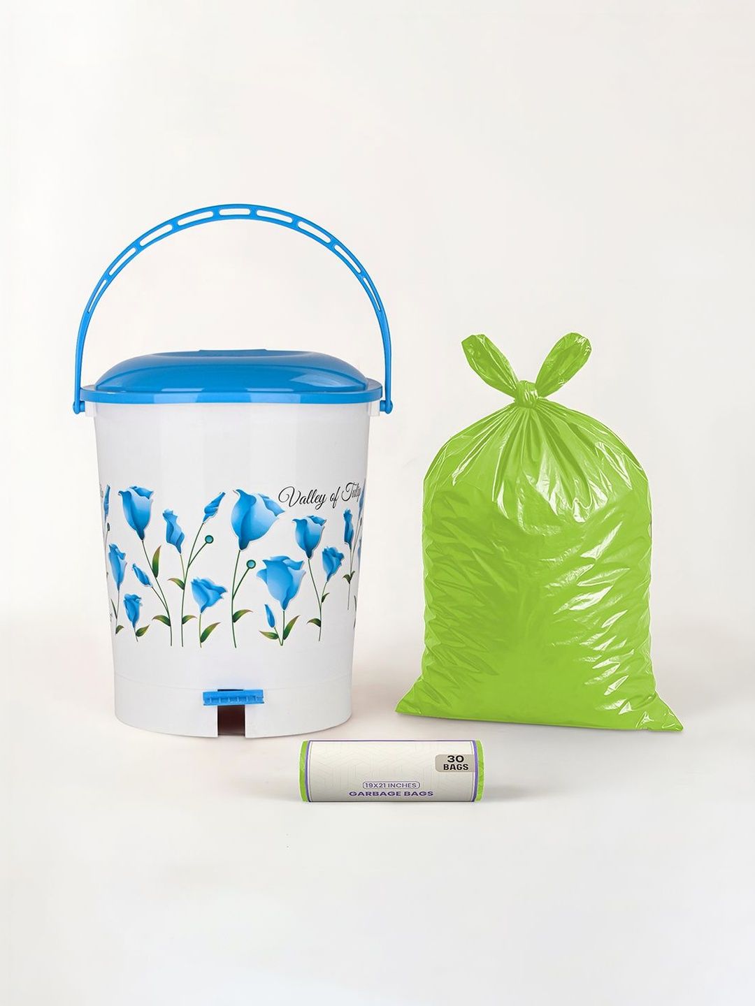Kuber Industries White & Blue Printed Pedal Dustbin With 1 Roll Garbage Bags - 10L