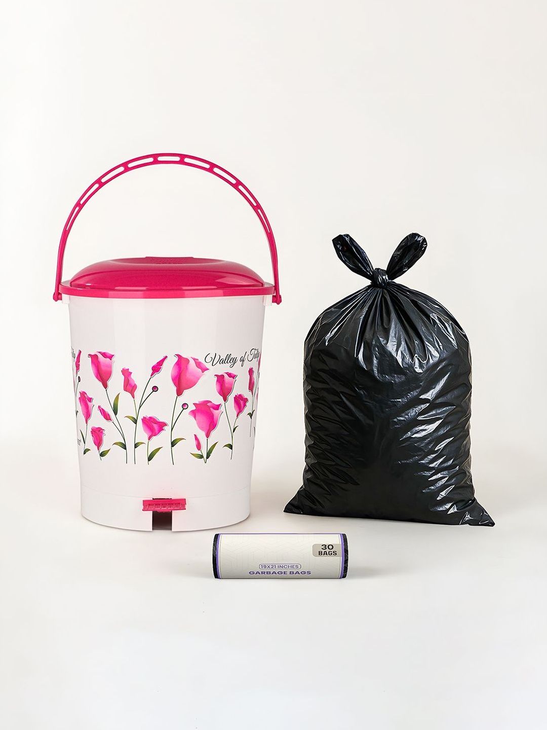 Kuber Industries White & Pink Printed Pedal Dustbin With 1 Roll Garbage Bags - 10L