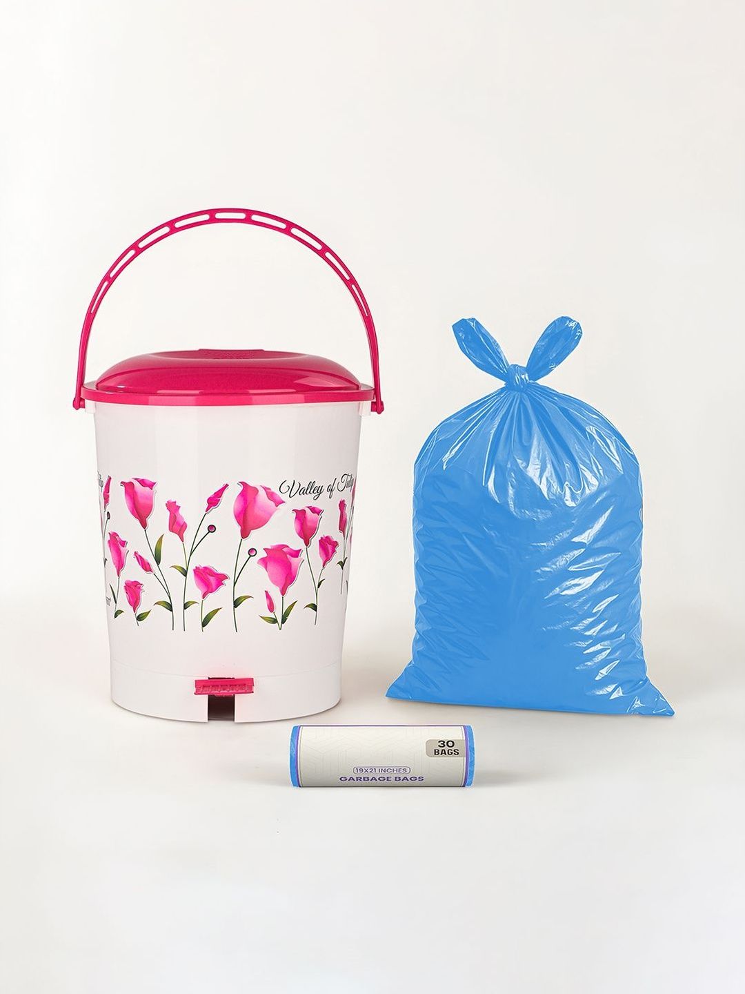 Kuber Industries White & Pink Printed Pedal Dustbin With 1 Roll Garbage Bags - 10L