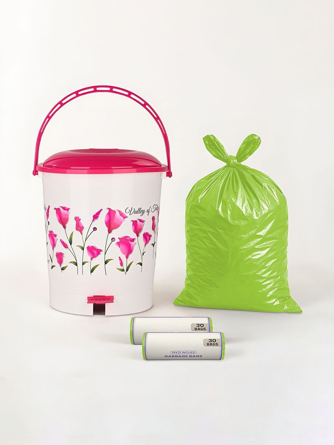 Kuber Industries White & Pink Printed Pedal Dustbin With 2 Roll Garbage Bags - 10L