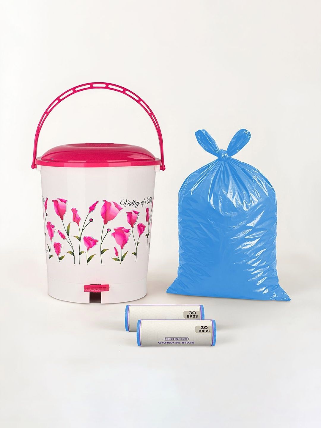 Kuber Industries White & Pink Printed Pedal Dustbin With 2 Roll Garbage Bags - 10L