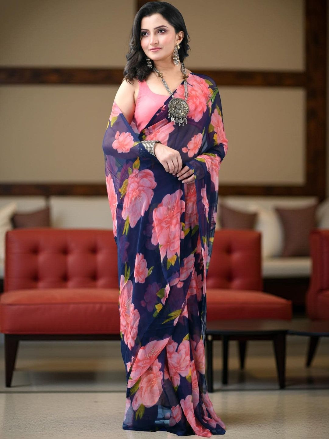 DESH BIDESH Floral Pure Chiffon Saree