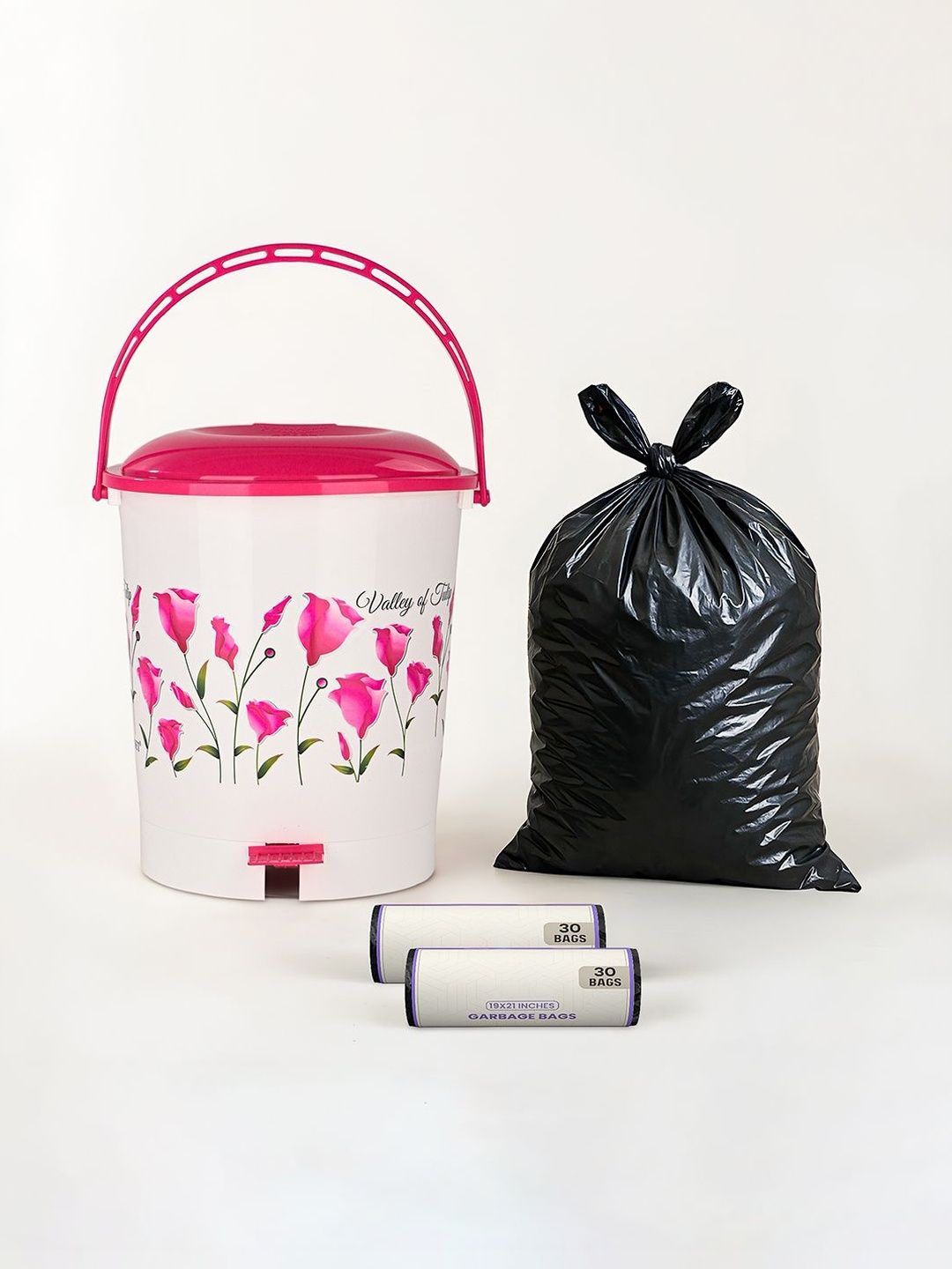 Kuber Industries White & Pink Printed Pedal Dustbin With 2 Roll Garbage Bags - 10L