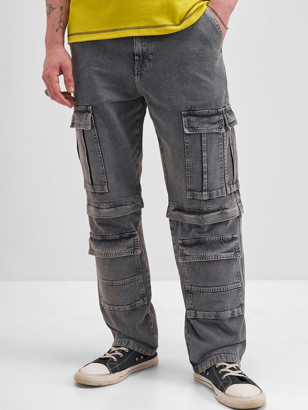 HIGHLANDER Men Grey High Rise Cargo Styles Baggy Jeans