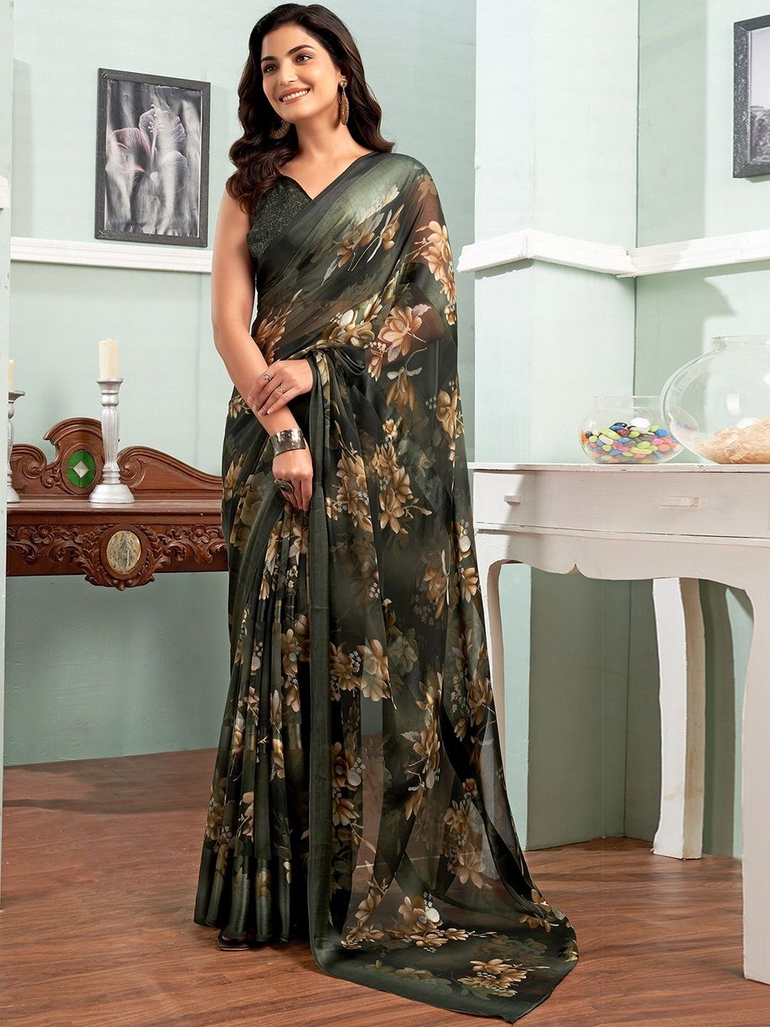 SANISA Floral Poly Georgette Designer Saree