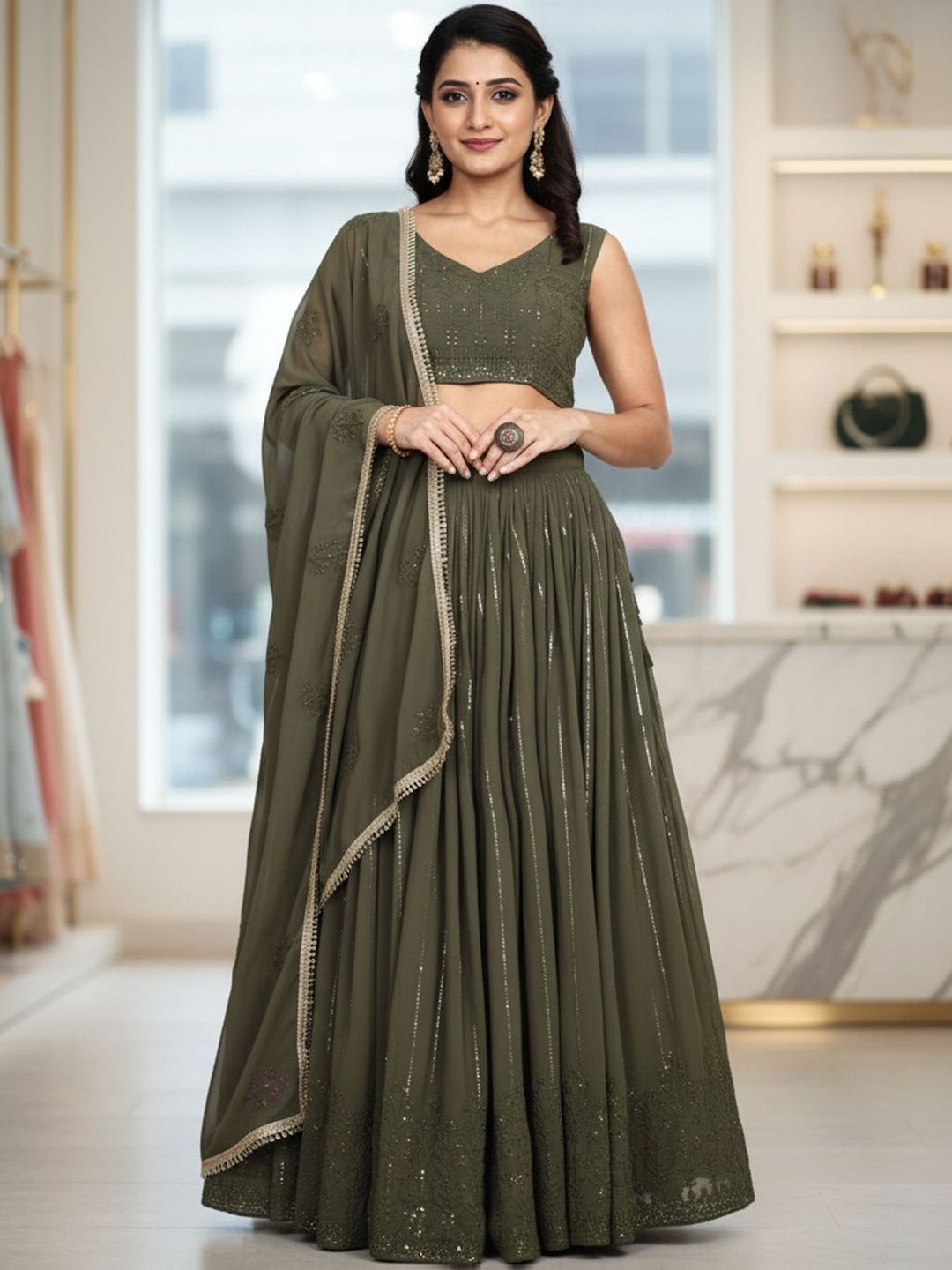 Jomso Embroidered Sequinned Semi-Stitched Lehenga & Unstitched Blouse With Dupatta