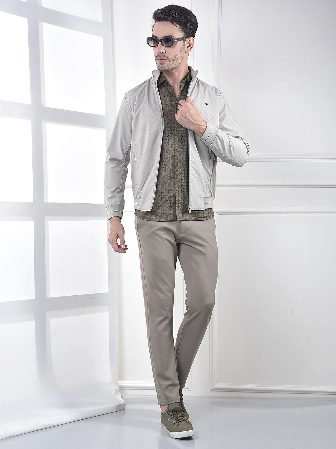 Crimsoune Club Men Mock Collar Geometric Printed Lightweight Bomber Jacket