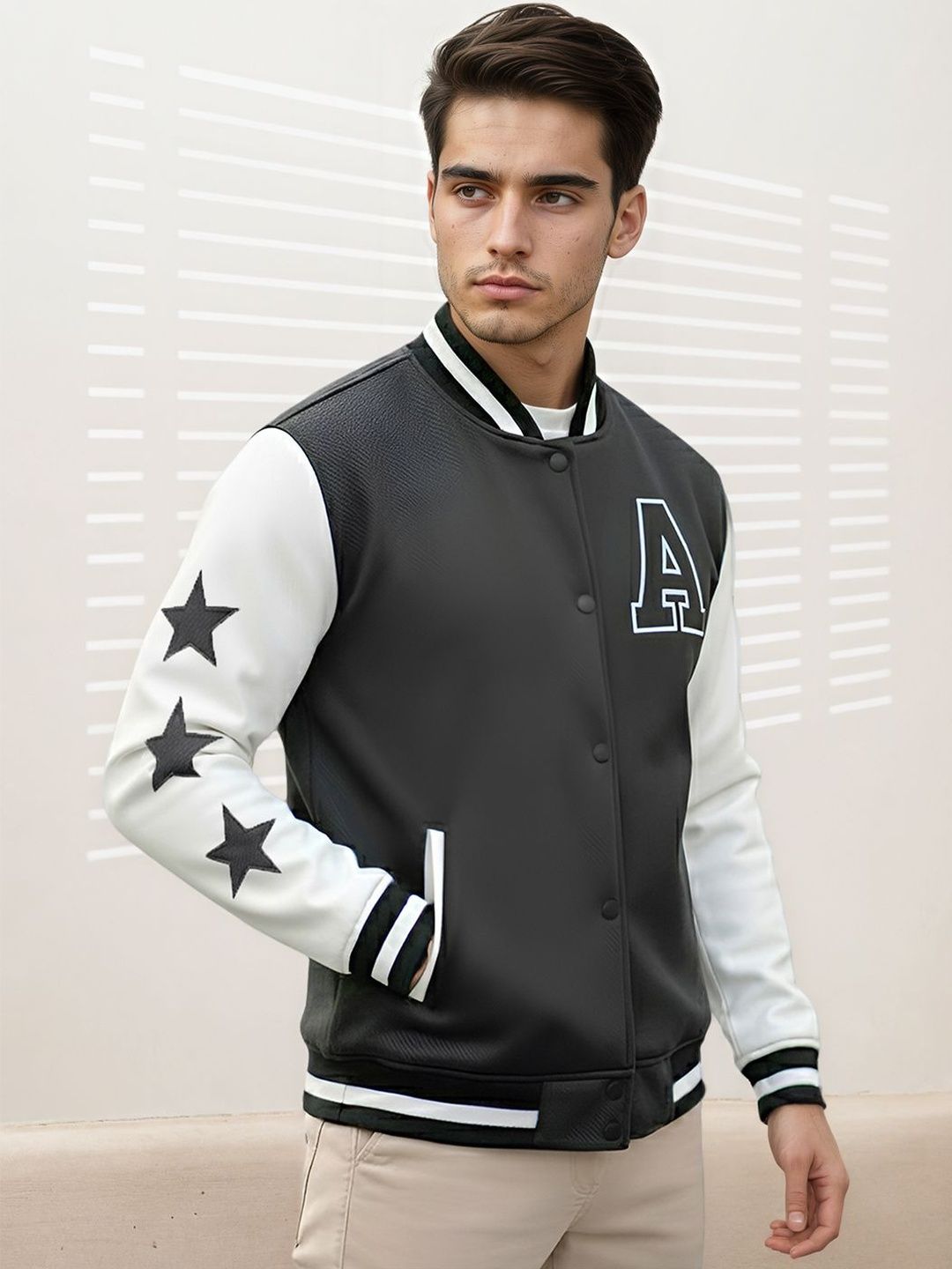 Mast & Harbour Men Brand Logo Colourblocked Woollen Lightweight Outdoor Varsity Jacket