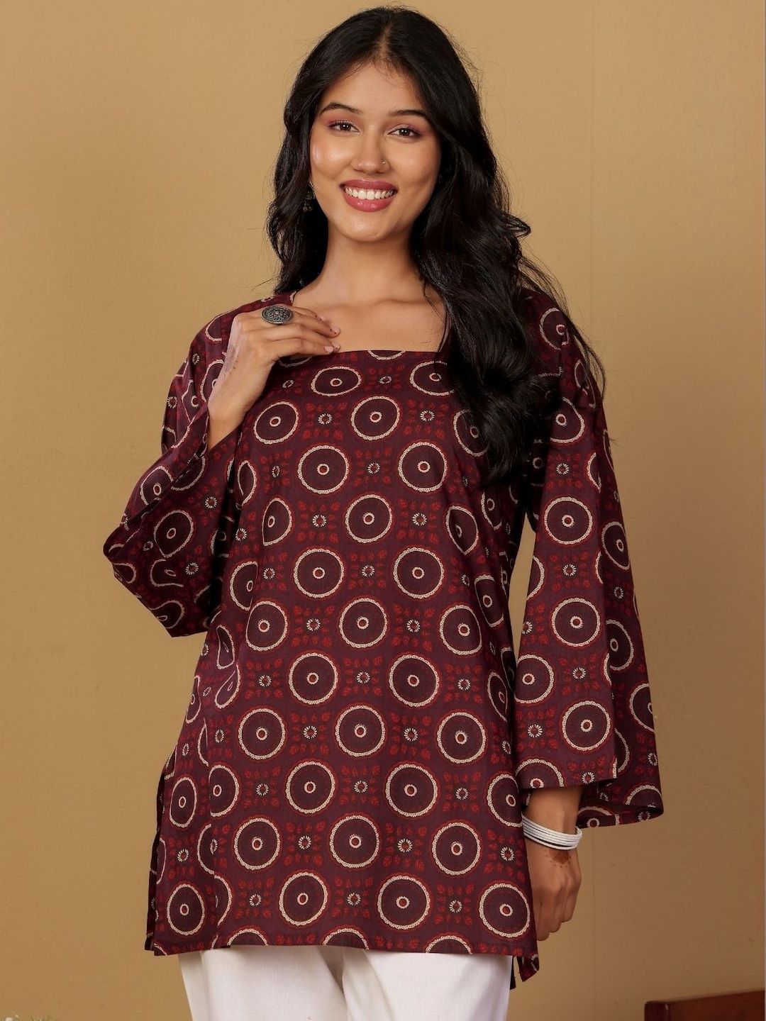 Chowkhat Ethnic Motifs Printed Square Neck Flared Sleeves Pure Cotton Kurti