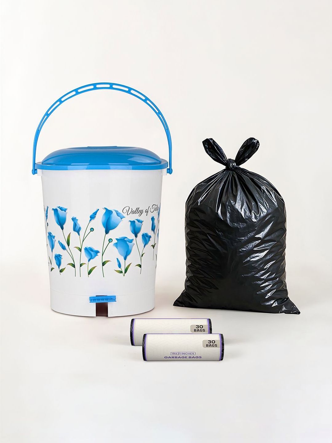 Kuber Industries White & Blue Printed Pedal Dustbin With 2 Roll Garbage Bags - 10L