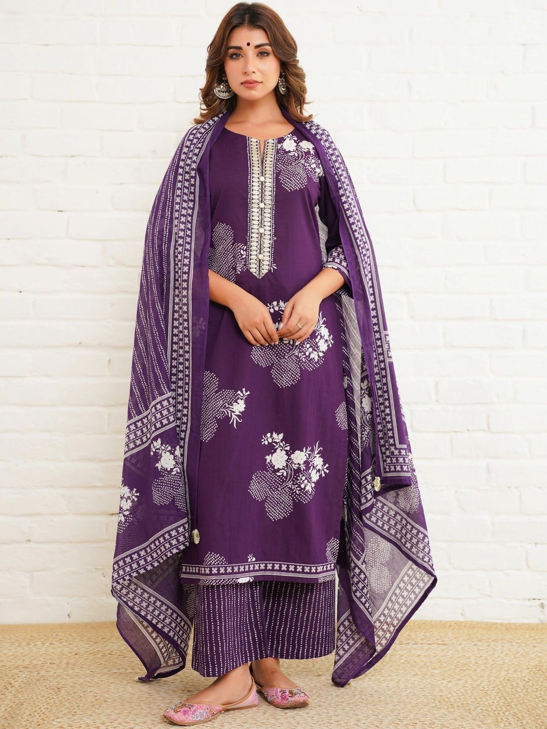 NYPA Women Ethnic Motifs Printed Regular Thread Work Pure Cotton Kurta with Trousers & With Dupatta