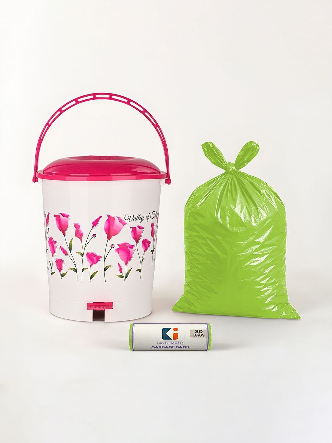 Kuber Industries White & Pink Printed Pedal Dustbin With 1 Roll Garbage Bags - 10L