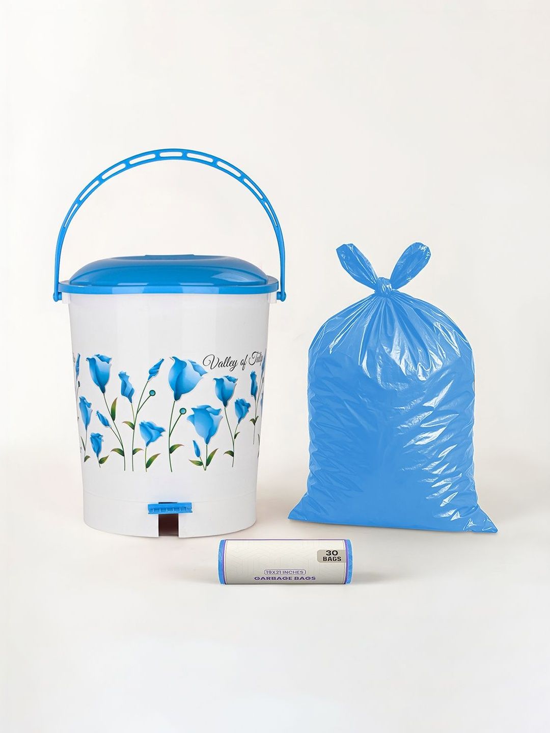 Kuber Industries White & Blue Printed Pedal Dustbin With 1 Roll Garbage Bags - 10L