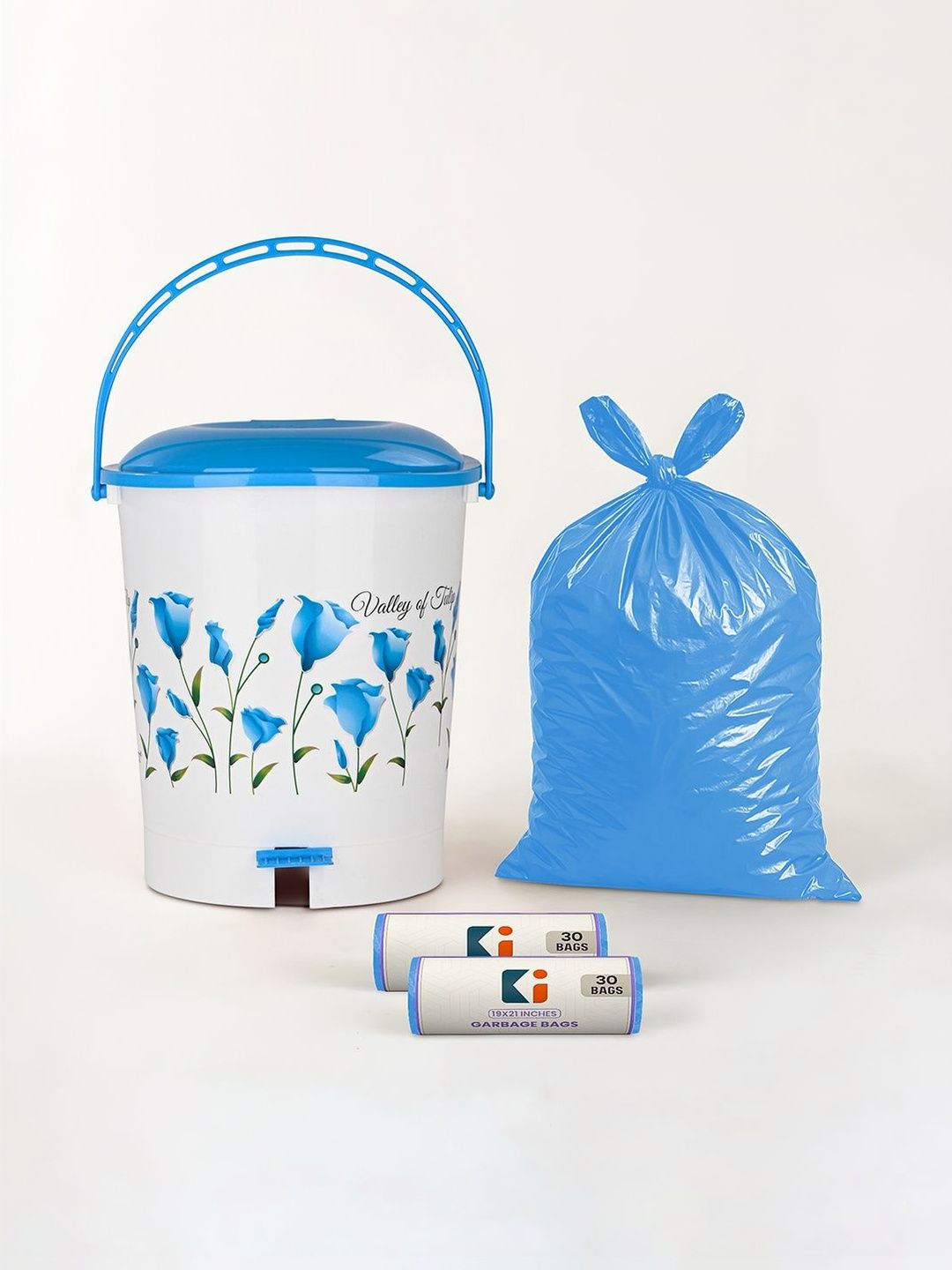 Kuber Industries White & Blue Printed Pedal Dustbin With 2 Roll Garbage Bags - 10L