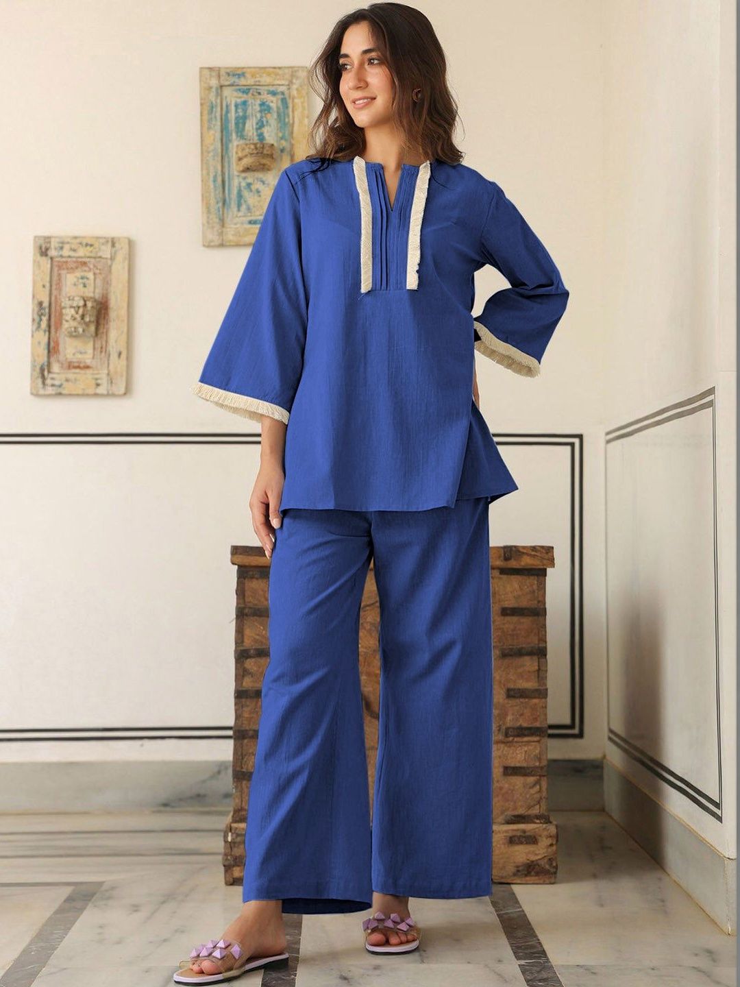 SZN Printed Mandarin Collar Top With Trousers Co-Ords Set