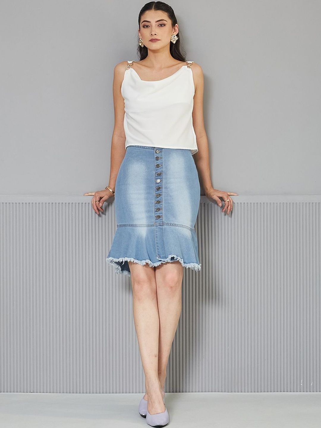 Miss Chase Light Weight Denim Cotton Peplum Mini Skirts