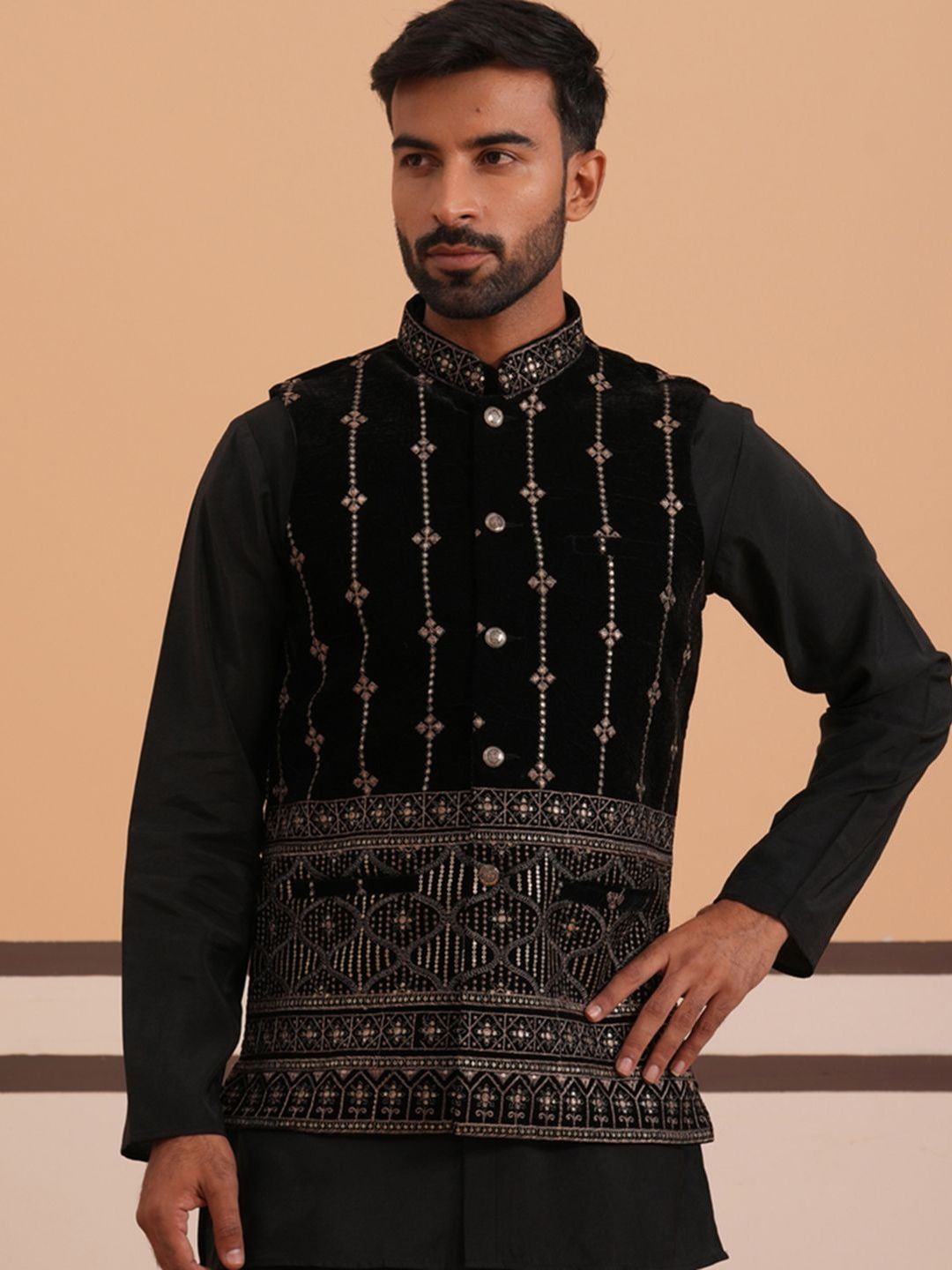 Jompers Sequin Embroidered Velvet Nehru Jacket