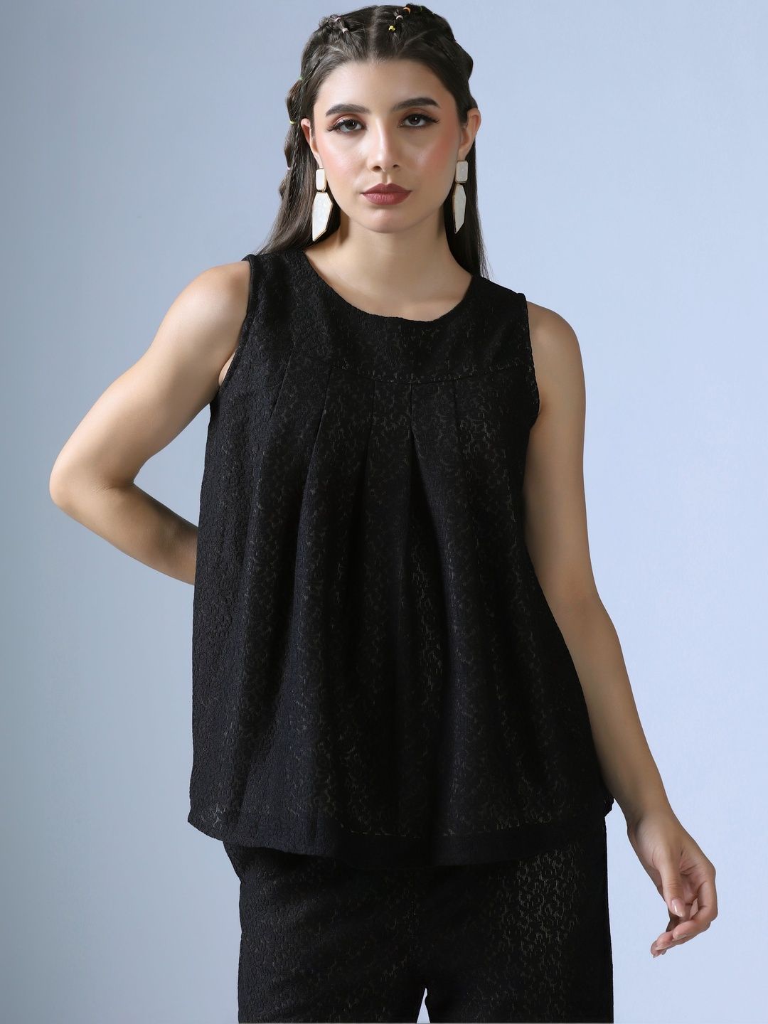 SZN Black Solid Round Neck Sleeveless Top & Trouser Co-Ords