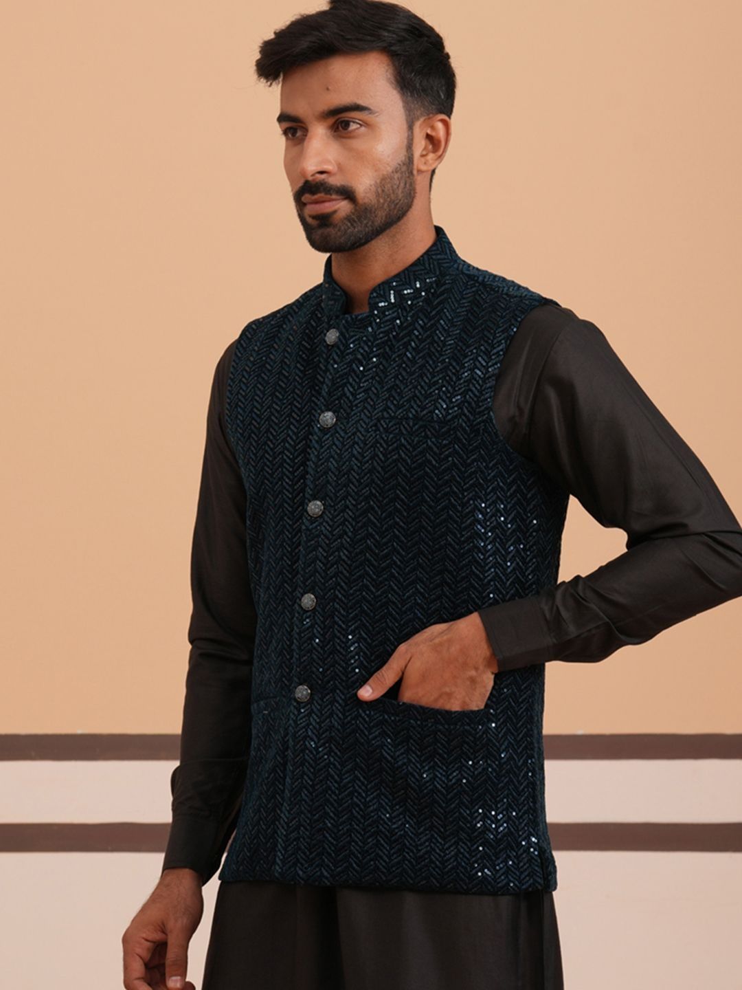 Jompers Sequin Embroidered Velvet Nehru Jacket