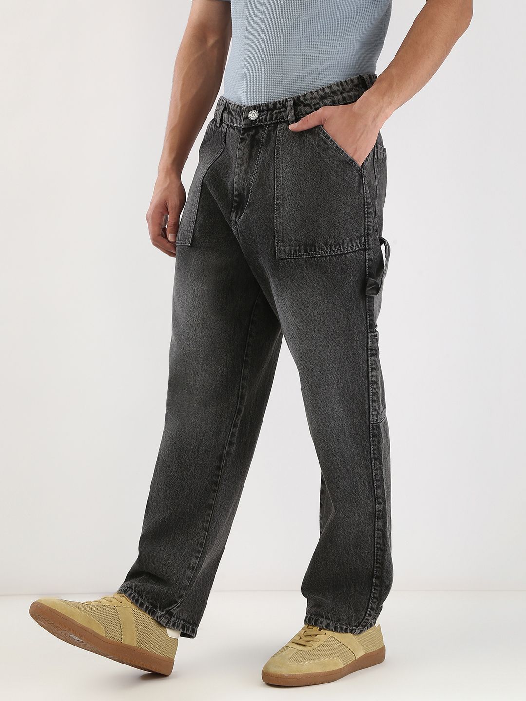 Urbano Fashion Men Grey Loose Baggy Fit Carpenter Cargo Jeans With 6 Pockets Non-Stretchable