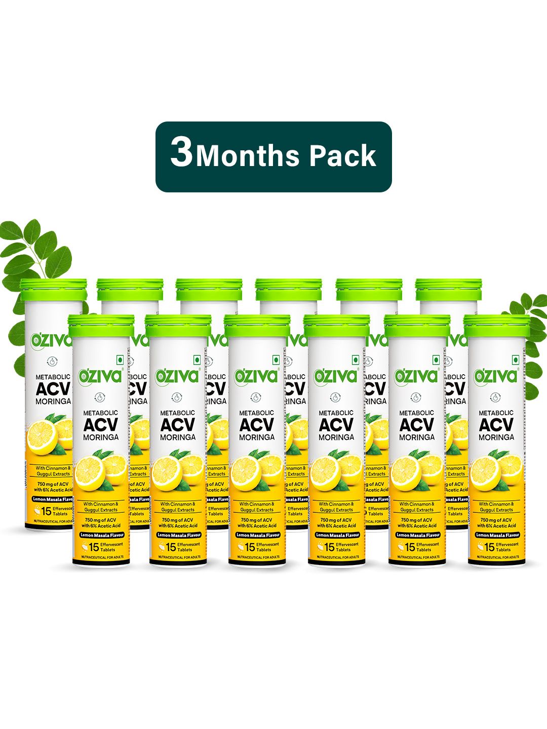 OZiva 12Pcs Lemon Masala Flavour Metabolic ACV Moringa 15 Tablets Each To Control Cravings