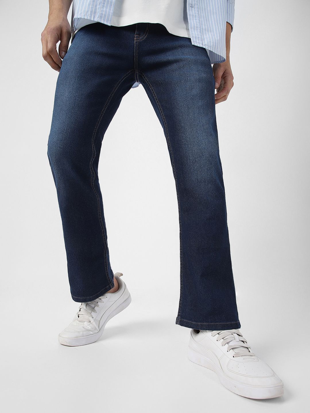 Urbano Fashion Men Washed Blue Bootcut Heavy Fade Clean Look Stretchable Jeans