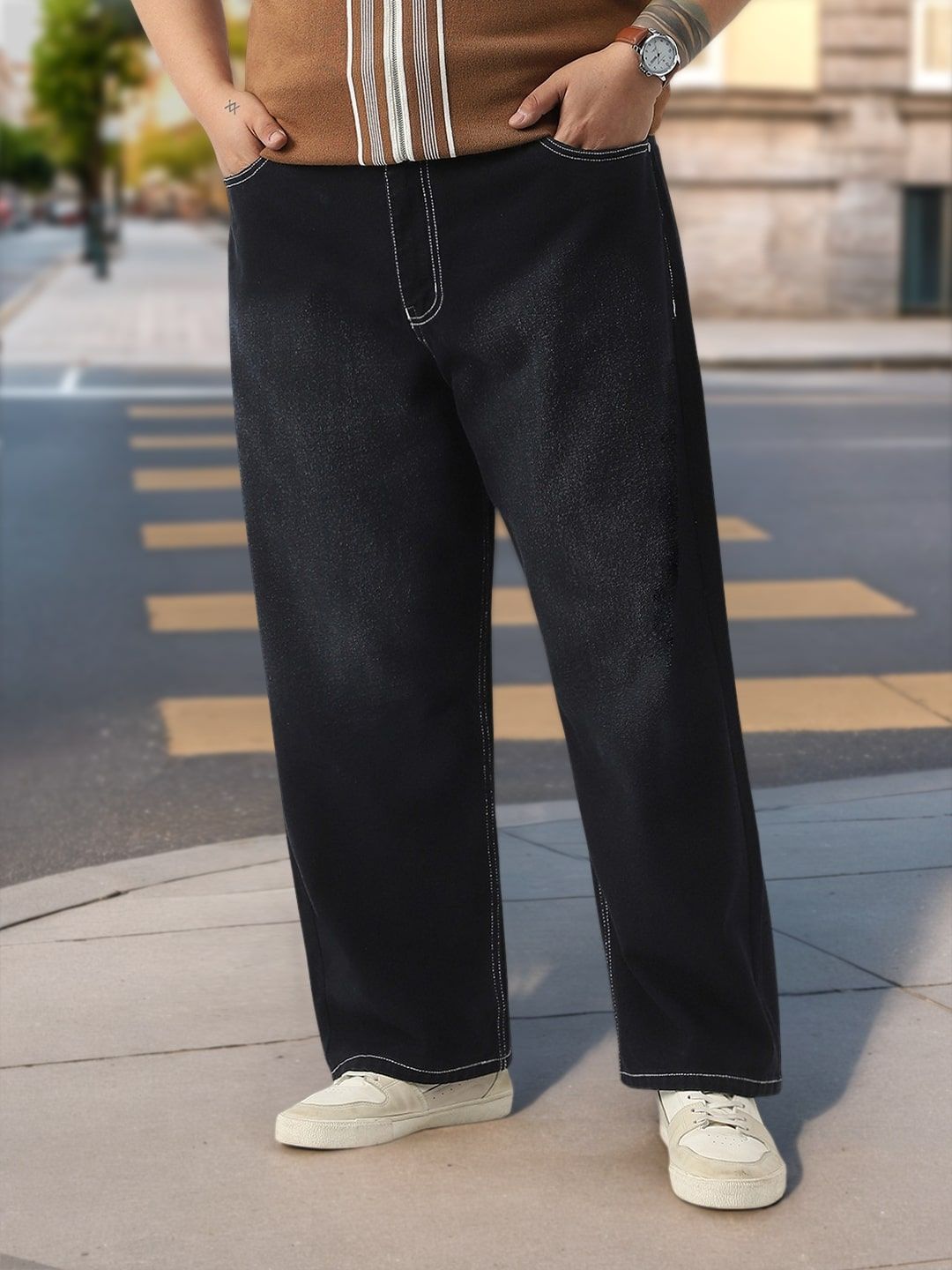 Urbano Plus Men Men's Black Loose Baggy Fit Washed Stretchable Jeans