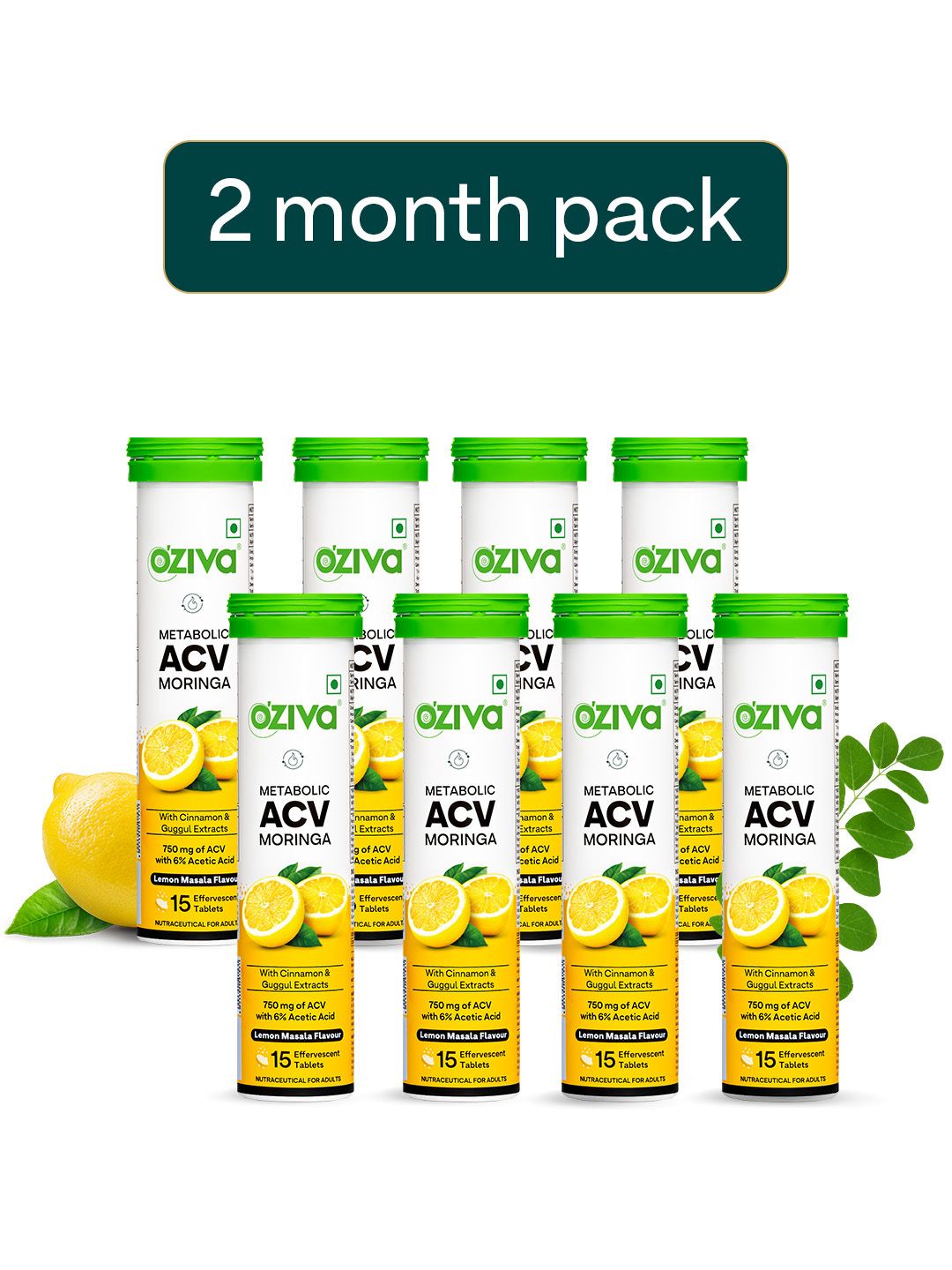 OZiva Set Of 8 Lemon Masala Flavour Apple Cider Vinegar ACV Moringa Tablets - 15 Tabs Each