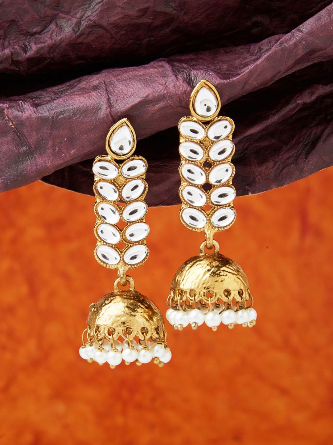 Fida Gold-Plated & White Kundan Dome Shaped Jhumkas