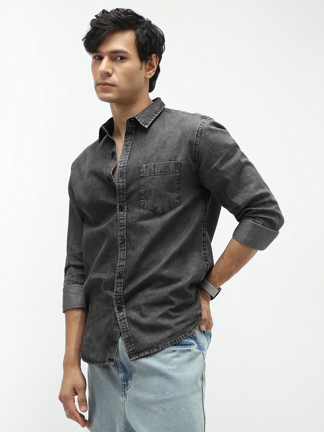 Urbano Fashion Men's Grey Regular Fit Full Sleeve Washed Denim Shirt