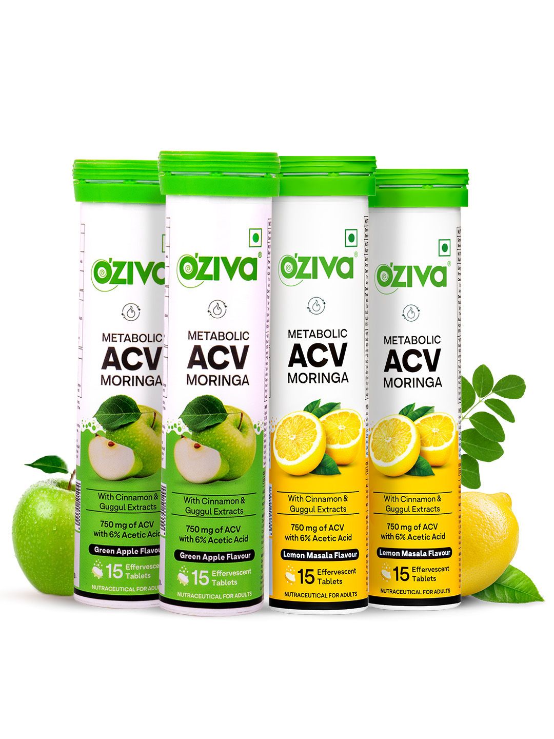 OZiva Set Of 4 ACV Moringa Apple Cider Vinegar & Lemon Masala Tablets- 15 Tablets Each