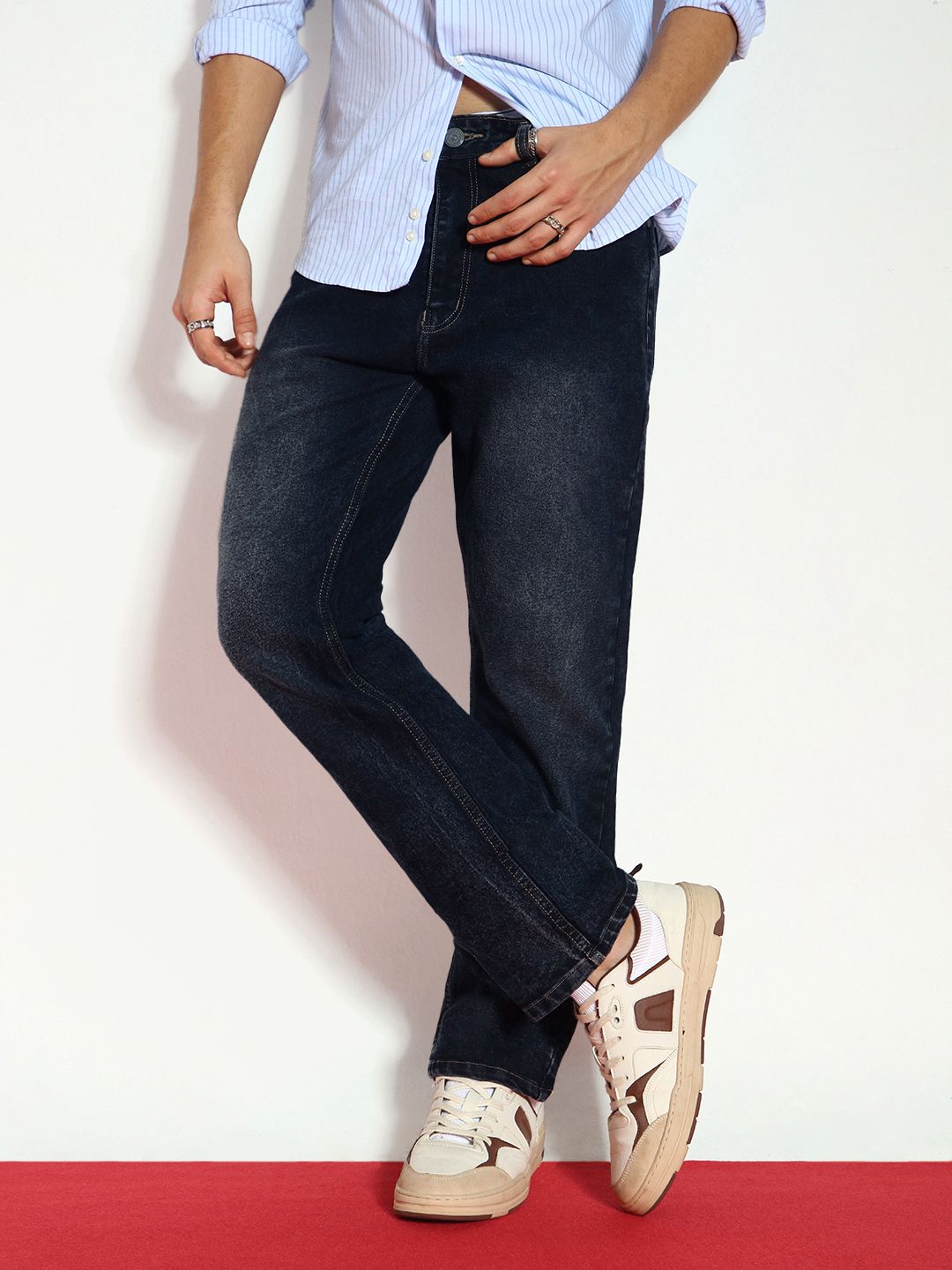 Urbano Fashion Men Dark Grey Straight Fit Heavy Washed Stretchable Jeans