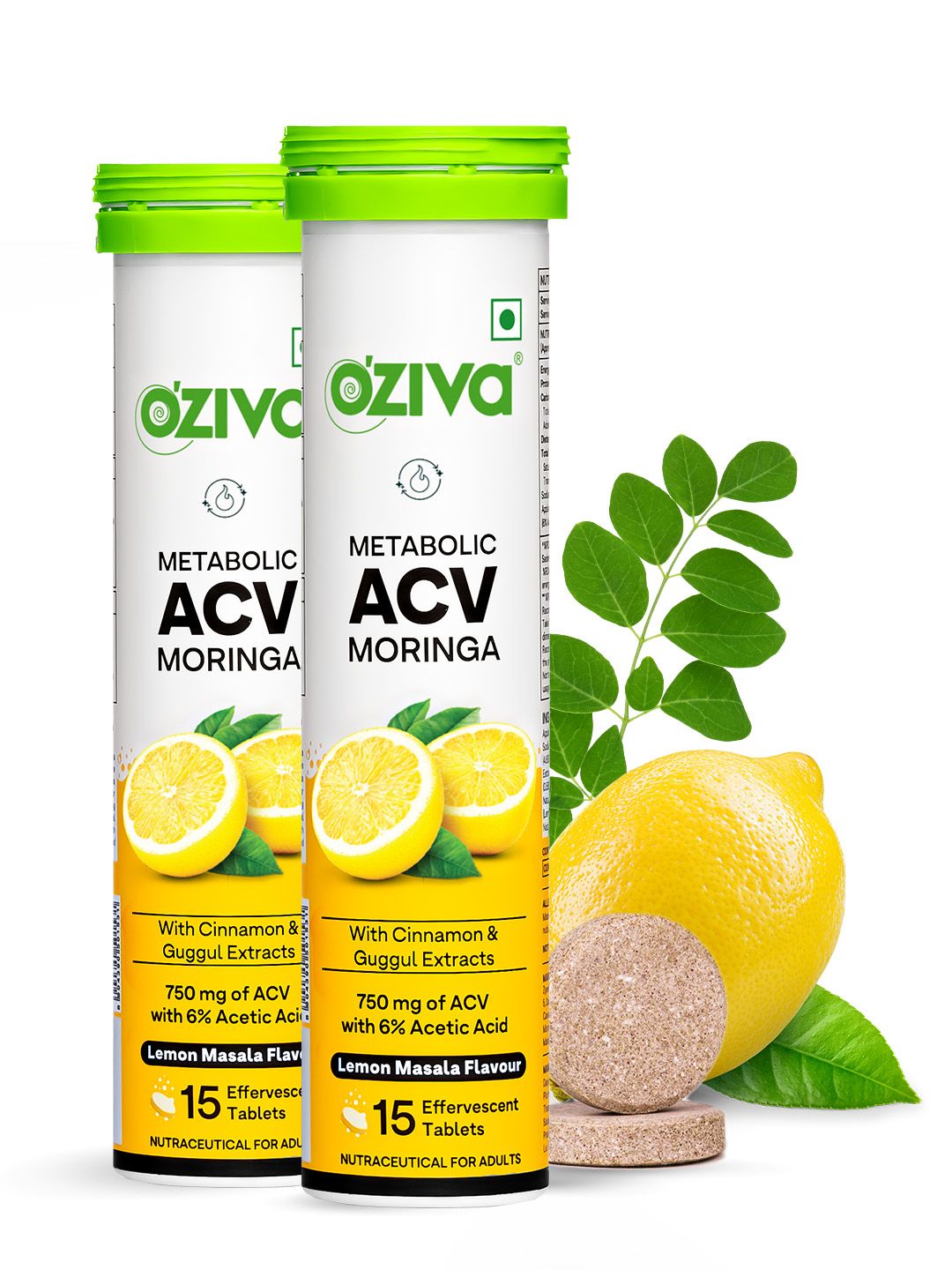 OZiva Set Of 2 Lemon Masala Flavour Apple Cider Vinegar ACV Moringa Tablets - 15 Tabs Each
