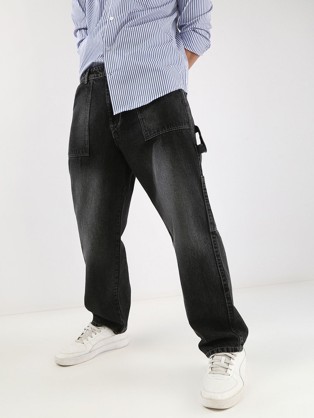 Urbano Fashion Men Black Loose Baggy Fit Carpenter Cargo Jeans & 6 Pockets Non-Stretchable