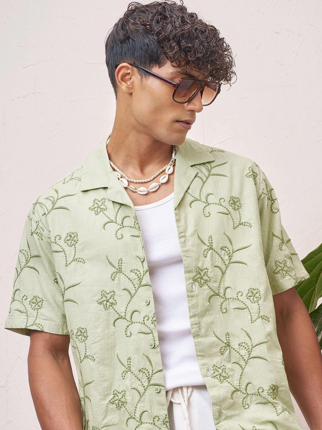 Highlander Men Green Placement Embroidered Cuban Collar Realxed Shirt