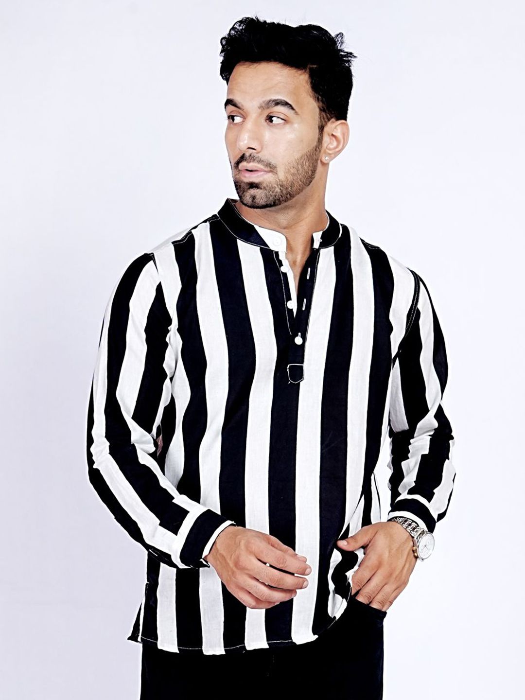 Anouk Rustic Striped Thread Work Handloom Straight Kurta