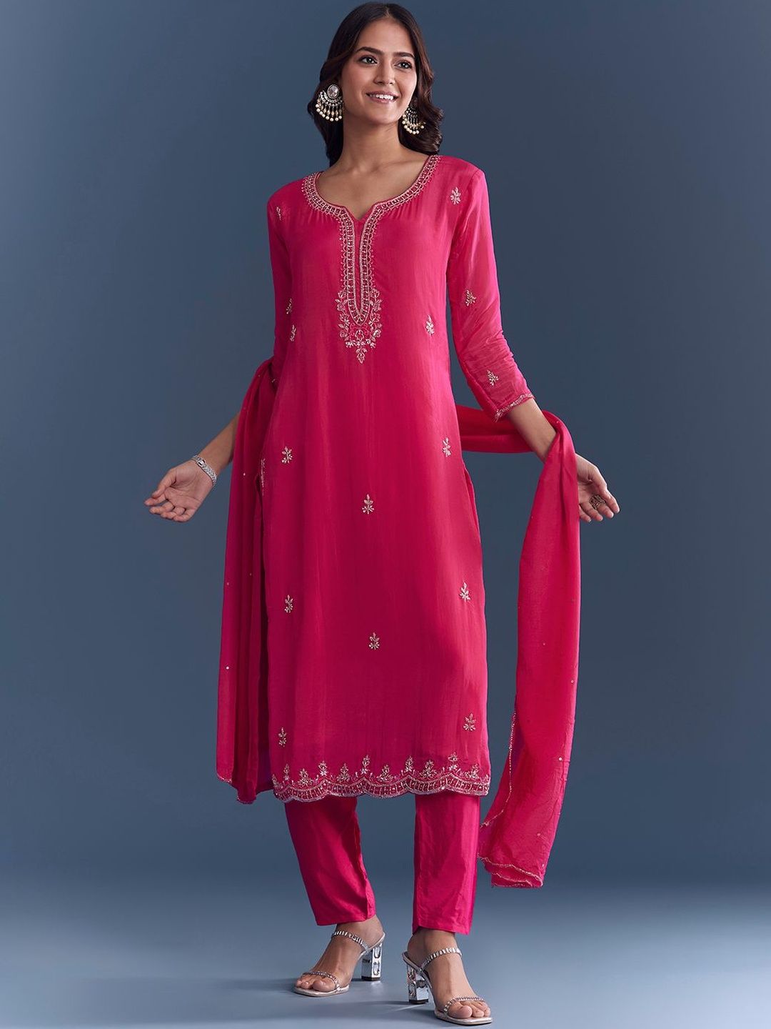 Women Embroidered Kurta with Trousers With Dupatta KALKI Fashion Women Ethnic Motifs Embroidered Regular Sequinned Kurta with Trousers & With Dupatta