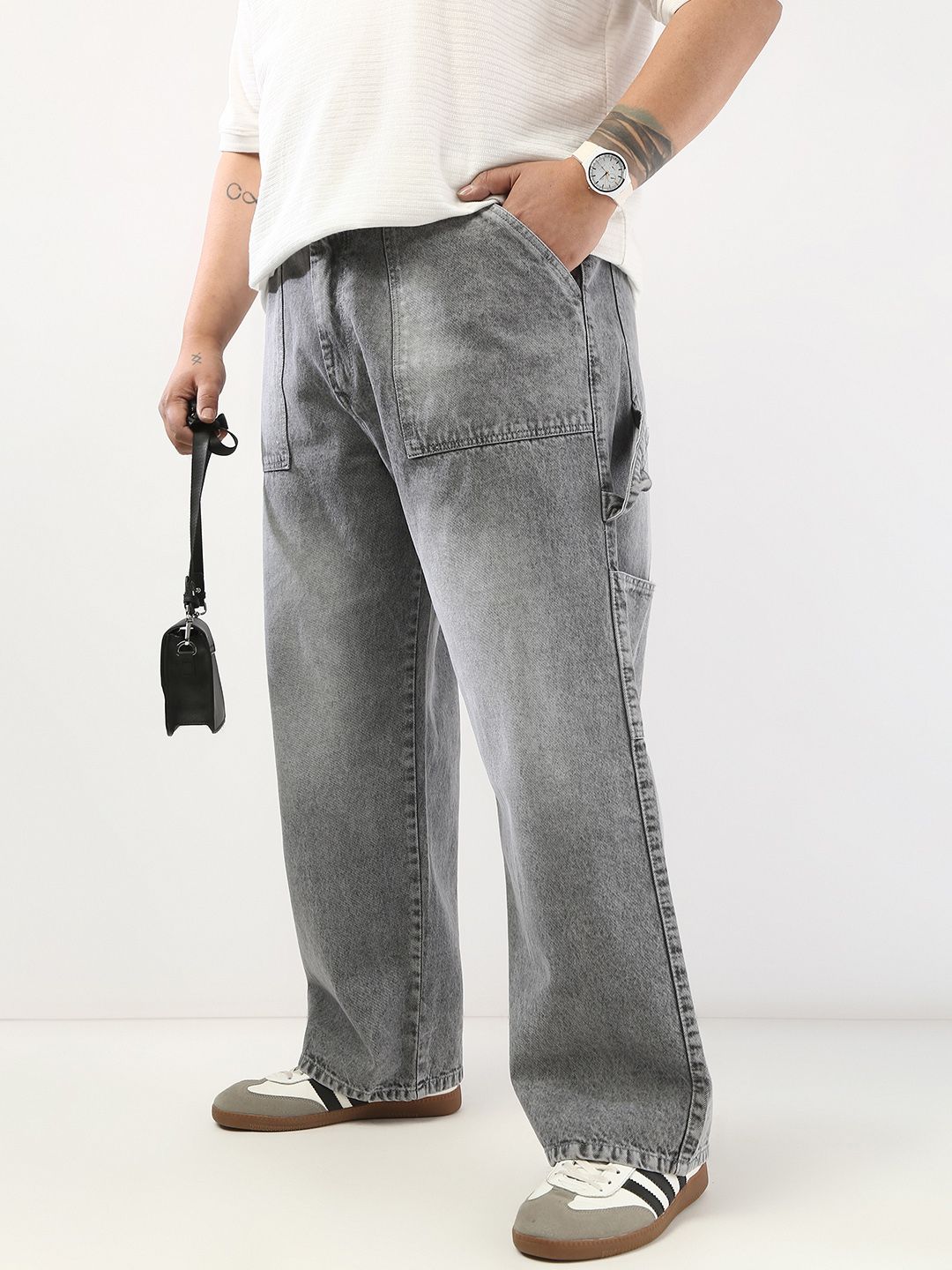 Urbano Plus Men Light Grey  Carpenter Cargo Relaxed Fit Jeans