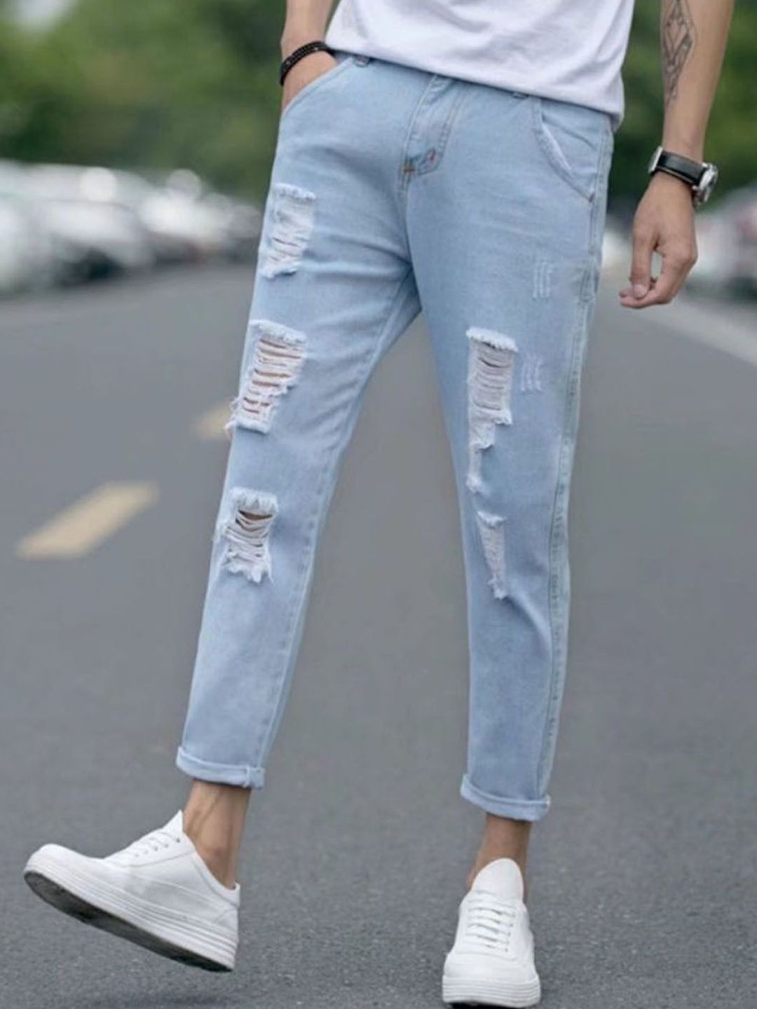 KPOP Men Regular Fit Mid-Rise Highly Distressed Light Fade Jeans
