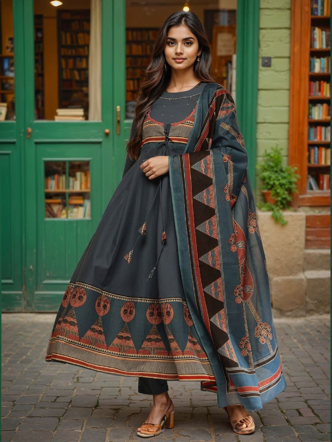 GULMEHAK Ethnic Motifs Printed Pure Cotton Anarkali Kurta With Trousers & Dupatta