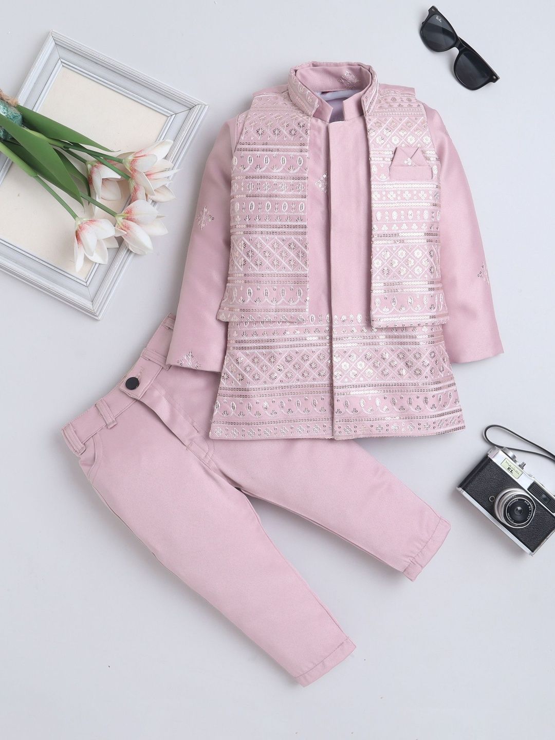 FOURFOLDS Boys Embroidered Sherwani & Trouser Set With Shrug