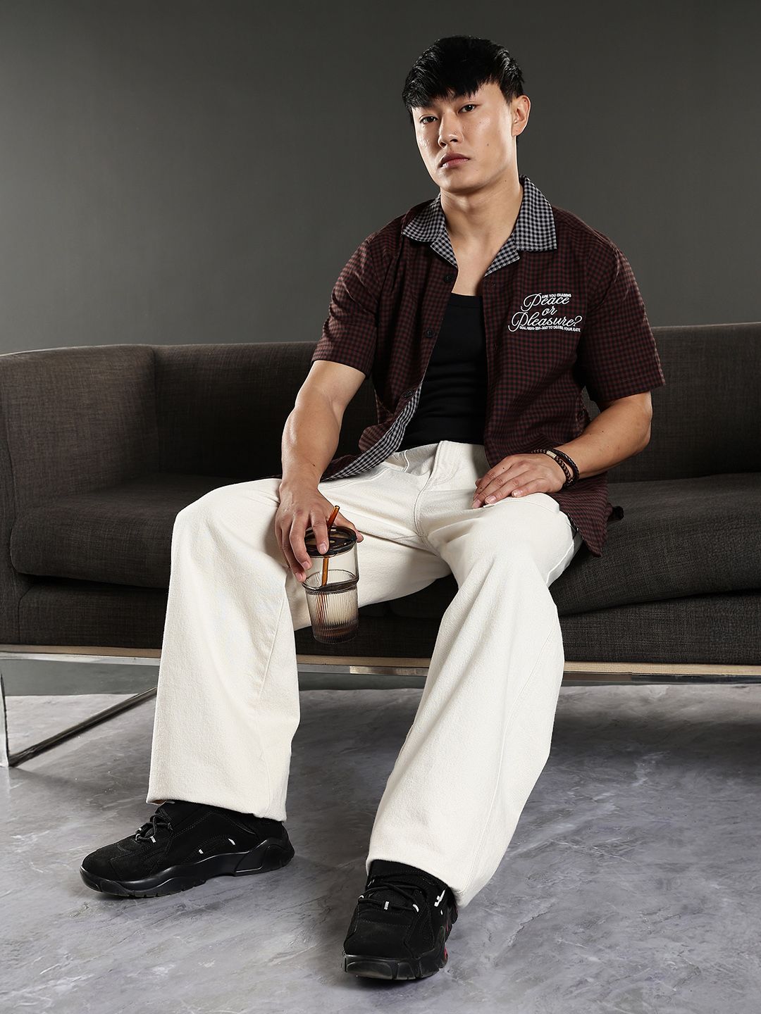 Eszett Peace Checked Cuban Collar Cotton Shirt