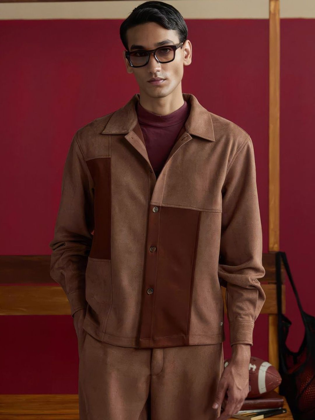 Muvazo Men Colourblocked Suede Fashion with Patchwork Jacket