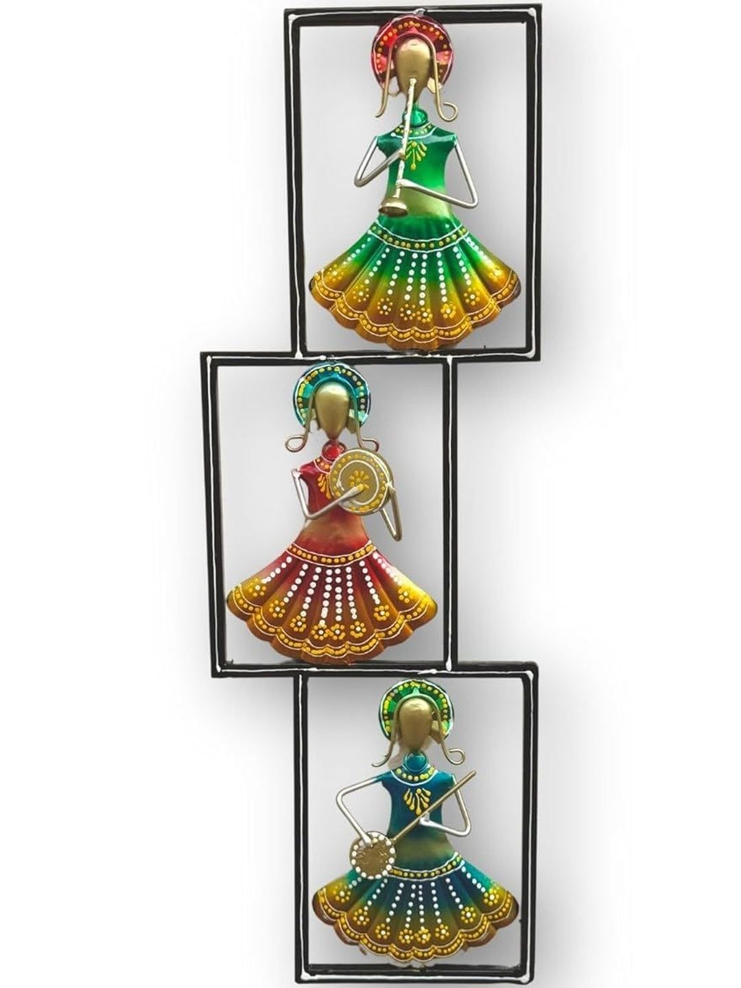 RSN Green & Yellow Hand-Painted 3-Rajasthani Musicians Lady Dolls Wall Hangings