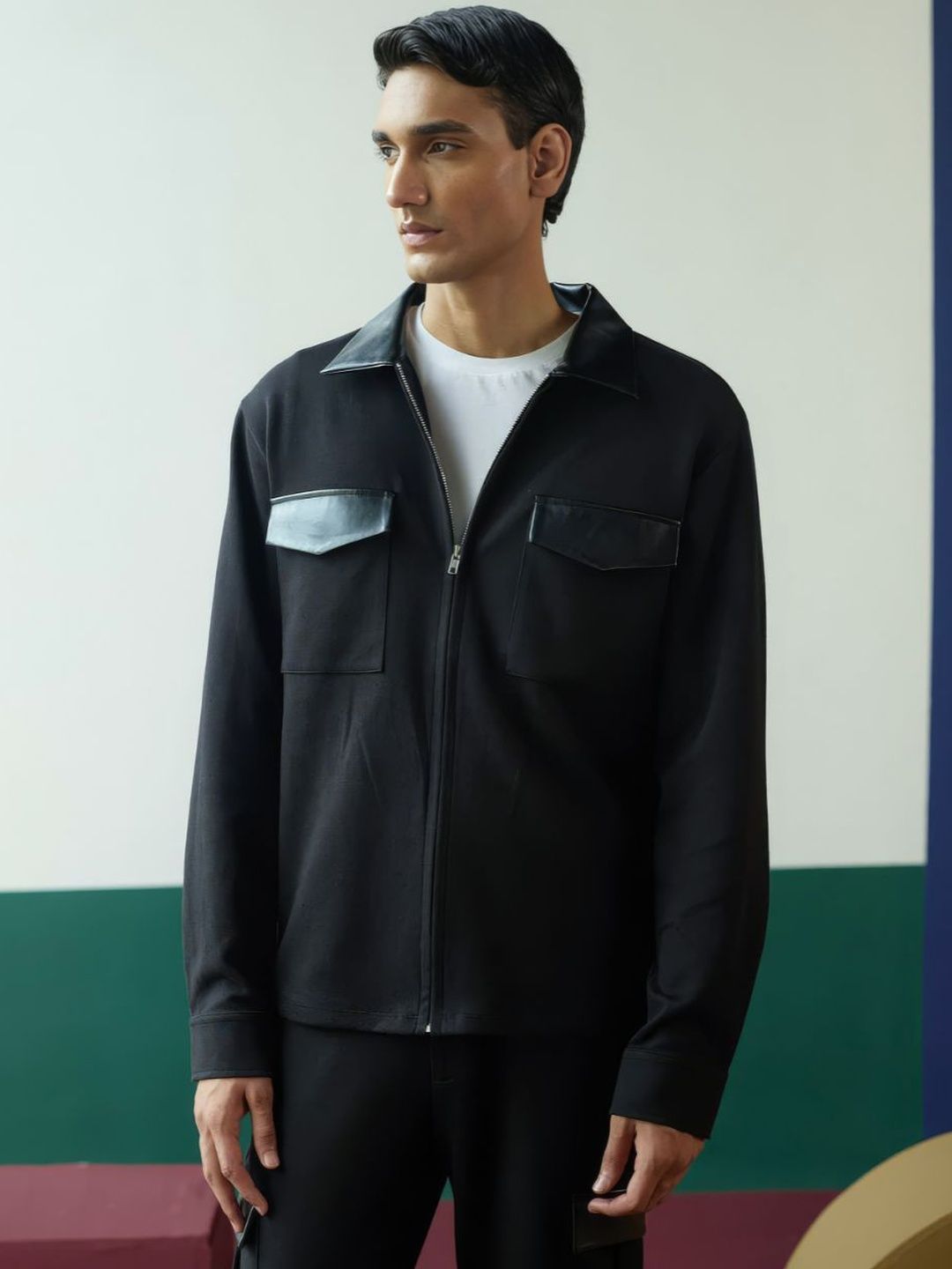 Muvazo Men Leather Woven Jacket