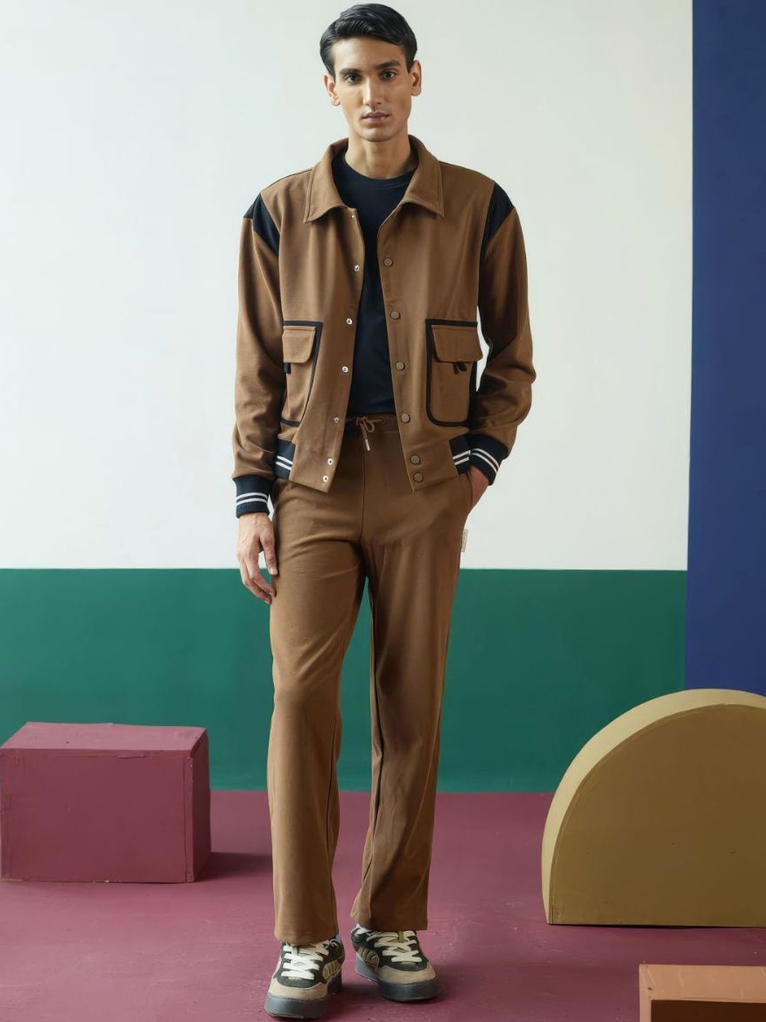 Muvazo Men Colourblocked Suede Bomber Jacket