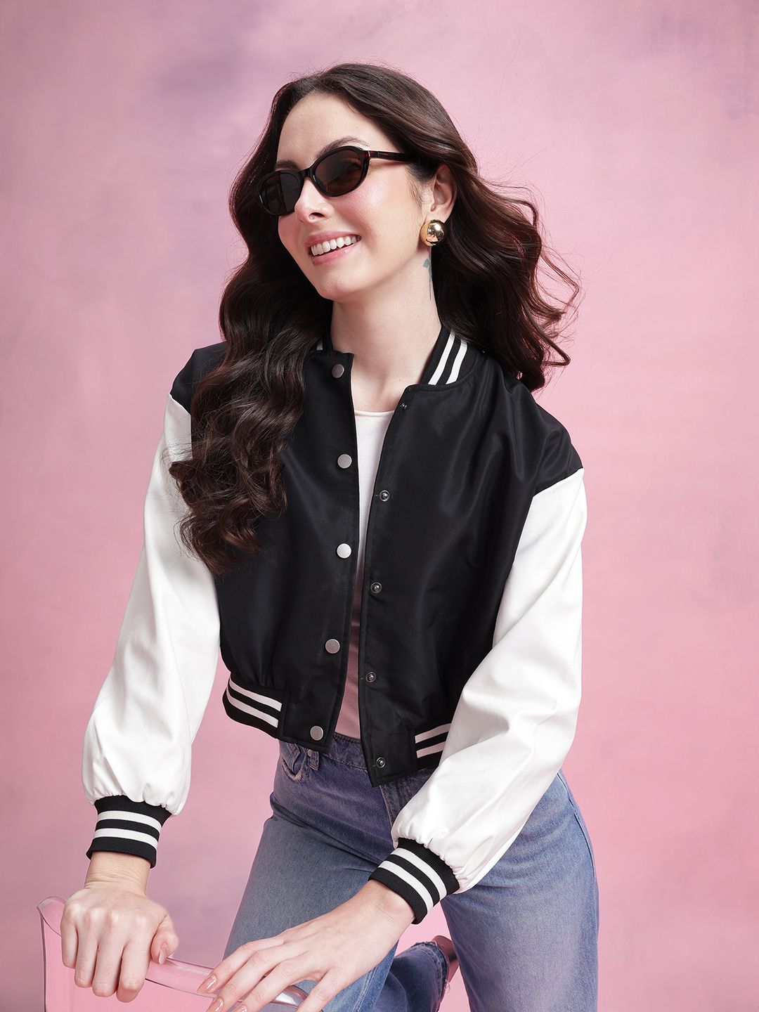 DressBerry Colourblocked Cropped Varsity Jacket