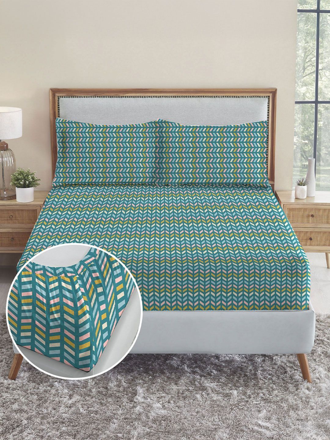 MYTRIDENT Teal Geometric 144 TC King Bedsheet with 2 Pillow Covers