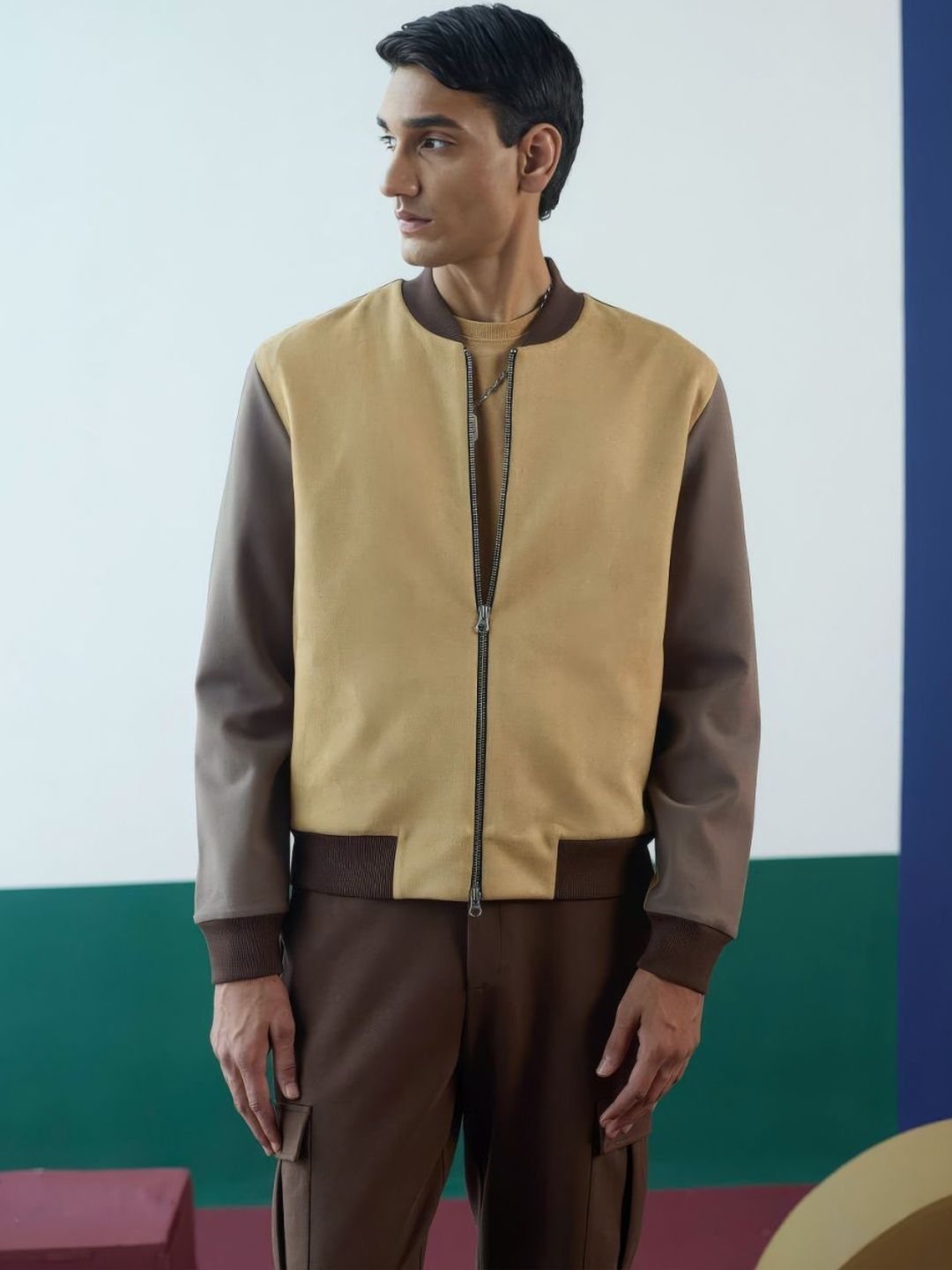 Muvazo Men Colourblocked Suede Bomber Jacket