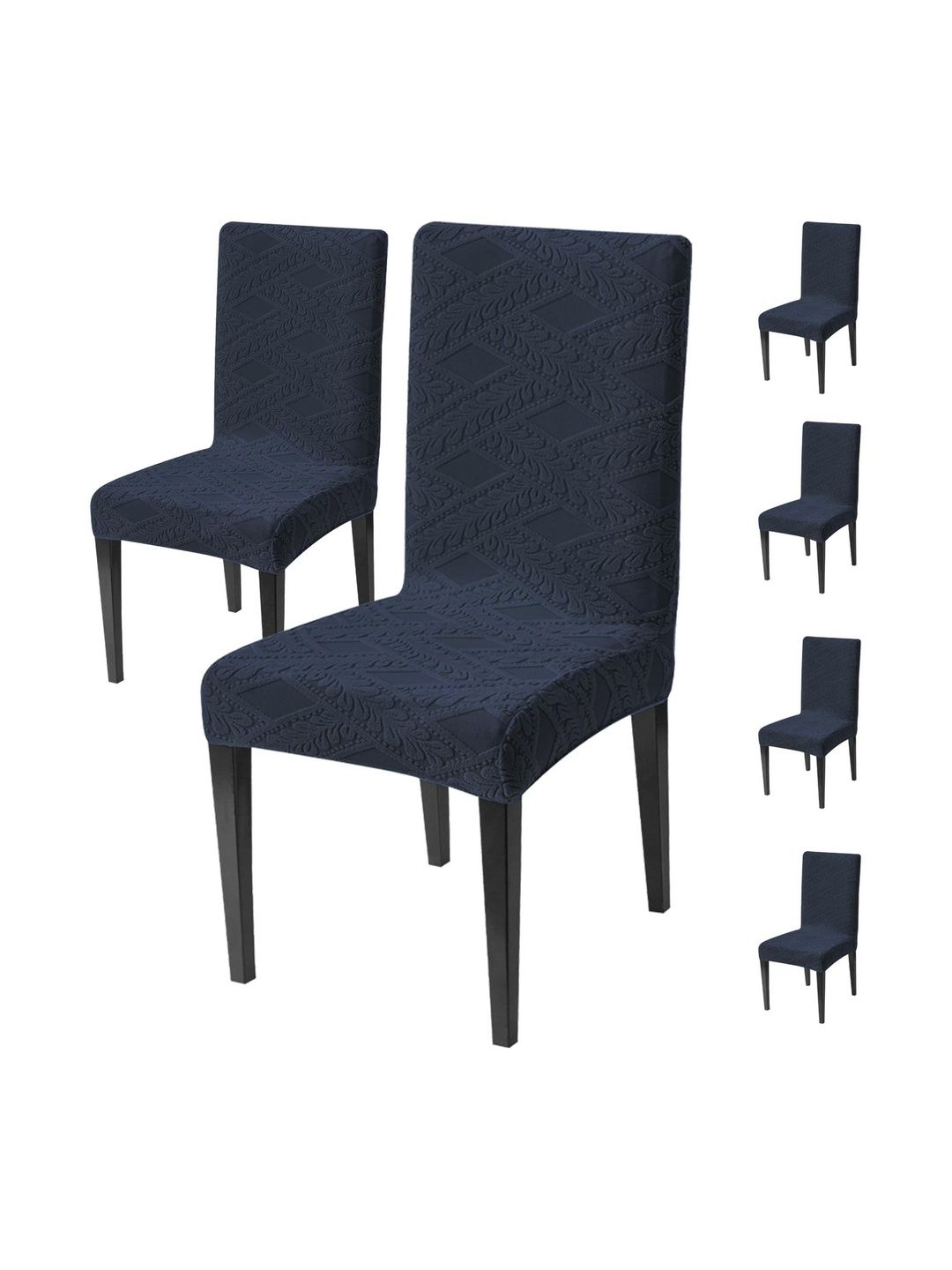 HOUSE OF QUIRK 6Pcs Navy Blue Self Design 220 GSM Stretchable Jacquard Chair Covers
